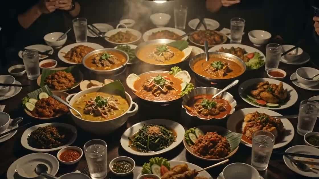 Meja penuh hidangan Indonesia dengan beberapa tangan merekamnya lewat ponsel