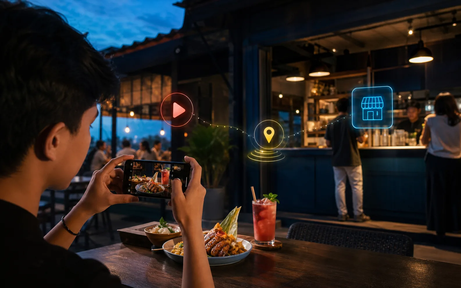 Creator filming food with a journey from content to location and store visit