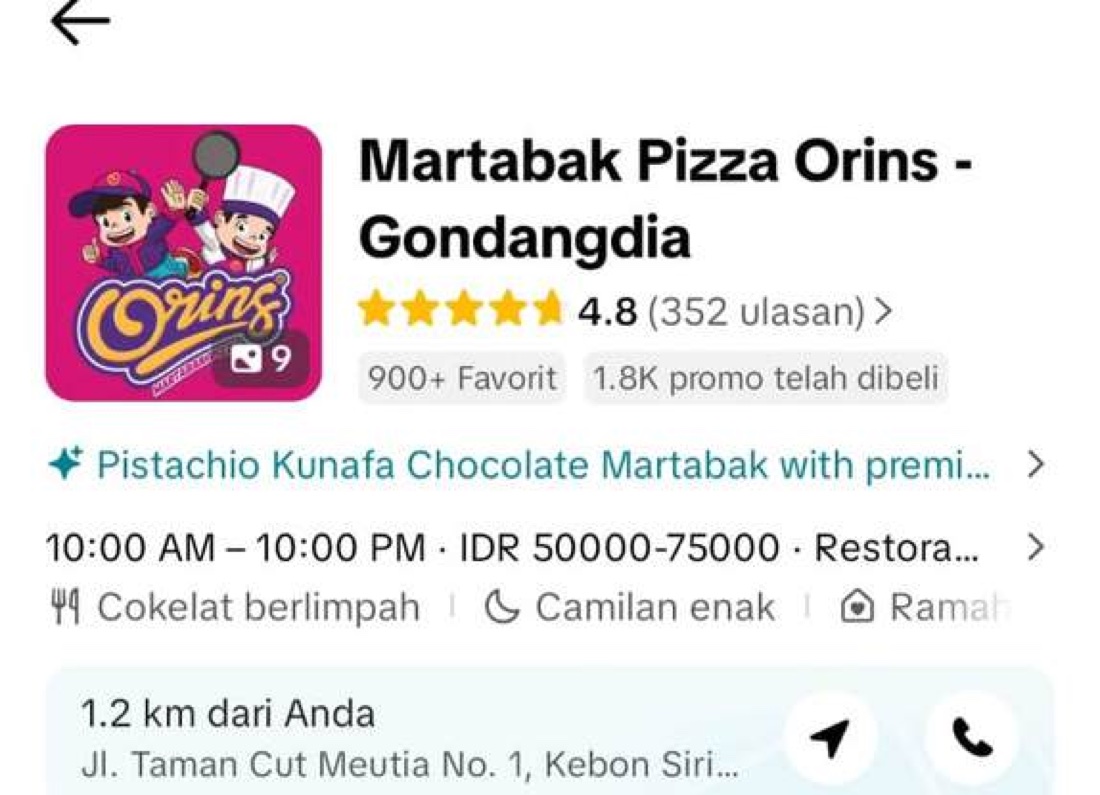 Listing TikTok GO — Martabak Pizza Orins, Gondangdia · 4,8★ dari 352 ulasan · 1,8 ribu promo terjual