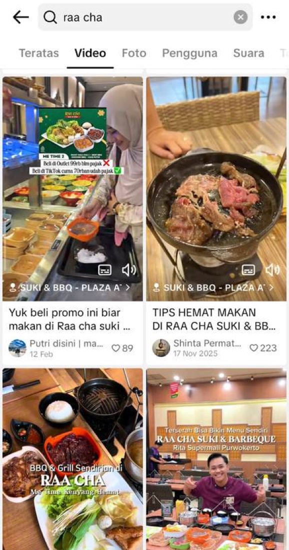 Konten kreator — Raa Cha Suki & BBQ · konten promo dengan tag lokasi merchant